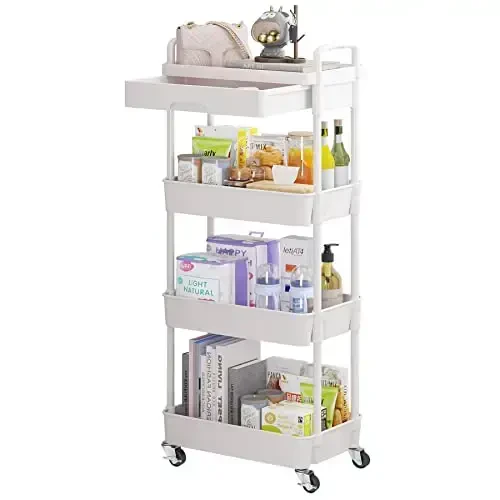 Calmootey 4-Tier Rolling Utility Cart with Drawer,Multifunctional Storage Organizer with Plastic Shelf & Metal Wheel,Storage Cart for Kitchen,Bathroom,Living Room,Office,White - CALMOOTEY