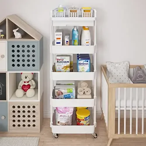 Calmootey 5 qavatli g'ildirakli utilitar aravachasi tortmali, plastik tokchali va metall g'ildirakli ko'p funktsiyali saqlash tashkilotchisi, oshxona, hammom, yashash xonasi, ofis uchun saqlash aravachasi, oq - 3