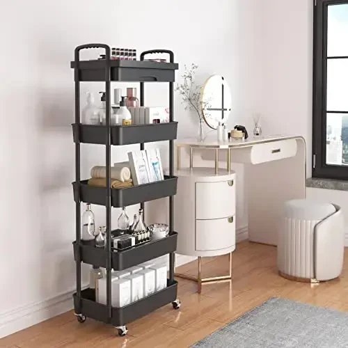 Calmootey 5-Tier Rolling Utility Cart with Drawer,Multifunctional Storage Organizer with Plastic Shelf & Metal Wheels,Storage Cart for Kitchen,Bathroom,Living Room,Office,Black - 2