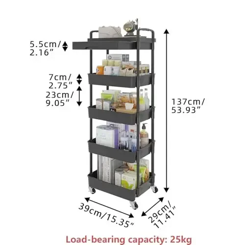 Calmootey 5-Tier Rolling Utility Cart with Drawer,Multifunctional Storage Organizer with Plastic Shelf & Metal Wheels,Storage Cart for Kitchen,Bathroom,Living Room,Office,Black - 5
