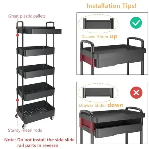 Calmootey 5-Tier Rolling Utility Cart with Drawer,Multifunctional Storage Organizer with Plastic Shelf & Metal Wheels,Storage Cart for Kitchen,Bathroom,Living Room,Office,Black - 6