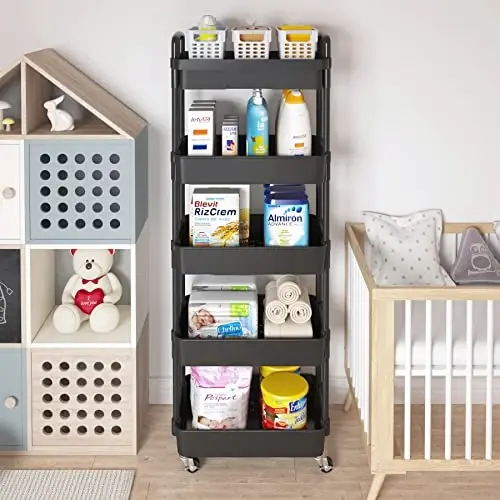 Calmootey 5-Tier Rolling Utility Cart with Drawer,Multifunctional Storage Organizer with Plastic Shelf & Metal Wheels,Storage Cart for Kitchen,Bathroom,Living Room,Office,Black - 3
