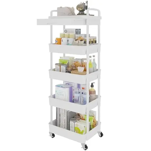 Calmootey 5-Tier Rolling Utility Cart with Drawer,Multifunctional Storage Organizer with Plastic Shelf & Metal Wheels,Storage Cart for Kitchen,Bathroom,Living Room,Office,White - CALMOOTEY
