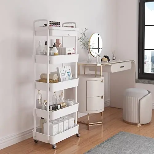 Calmootey 5-Tier Rolling Utility Cart with Drawer,Multifunctional Storage Organizer with Plastic Shelf & Metal Wheels,Storage Cart for Kitchen,Bathroom,Living Room,Office,White - CALMOOTEY (1)