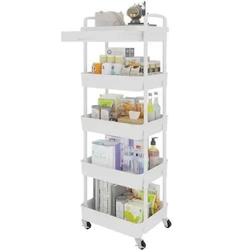 Calmootey 5-Tier Rolling Utility Cart with Drawer,Multifunctional Storage Organizer with Plastic Shelf & Metal Wheels,Storage Cart for Kitchen,Bathroom,Living Room,Office,White 
