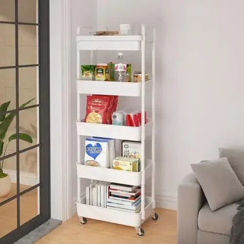 Calmootey 5-Tier Rolling Utility Cart with Drawer,Multifunctional Storage Organizer with Plastic Shelf & Metal Wheels,Storage Cart for Kitchen,Bathroom,Living Room,Office,White - 4