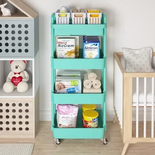 Calmootey tort qavatli g'ildirakli universal aravachasi tortma, plastik tokchali va metall g'ildirakli ko'p funktsiyali saqlash tashkilotchisi, oshxona, hammom, yashash xonasi, ofis, yashil uchun saqlash aravachasi - 3