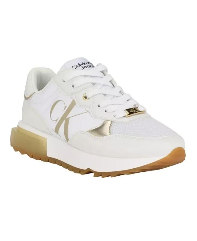 Calvin Klein Women's Magalee Casual Logo Lace-Up Sneakers-White - Faux Leather and Textile - CALVIN KLEIN