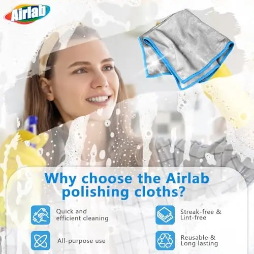 Airlab Glass Polishing Cloth Streak Free Miracle Cleaning Cloth Lint Free Microfiber Cleaning Rags for Glasses Kitchen Dish Mirrors Easy Clean, Pack of 6, 12