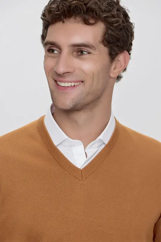 Camel Basic Dinamik Fit Qulay Kesimli V Yoqali Trikotajli Kozok - 4