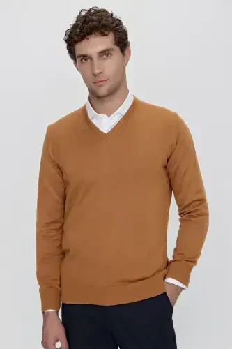 Camel Basic Dynamic Fit Relaxed Fit V Neck Knit Sweater - 1