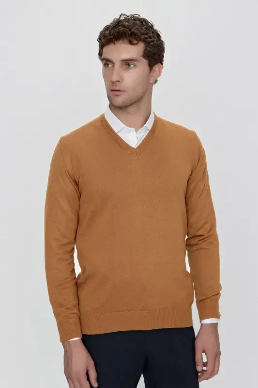 Camel Basic Dynamic Fit Relaxed Fit V Neck Knit Sweater - 2