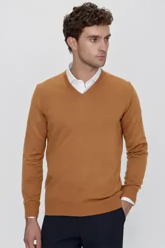 Camel Basic Dynamic Fit Relaxed Fit V Neck Knit Sweater - 3