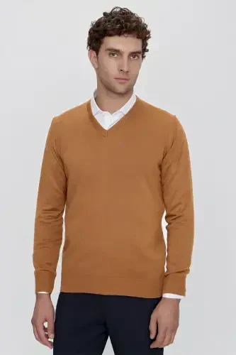 Camel Basic Dynamic Fit Relaxed Fit V Neck Knit Sweater - 5