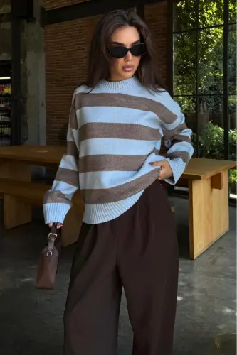 Camel Bisiklet Yaka Çizgili Oversize Triko Kazak MG1972-Camel - 1