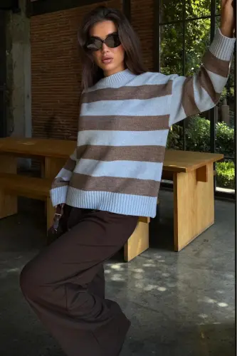 Camel Bisiklet Yaka Çizgili Oversize Triko Kazak MG1972-Camel - 2