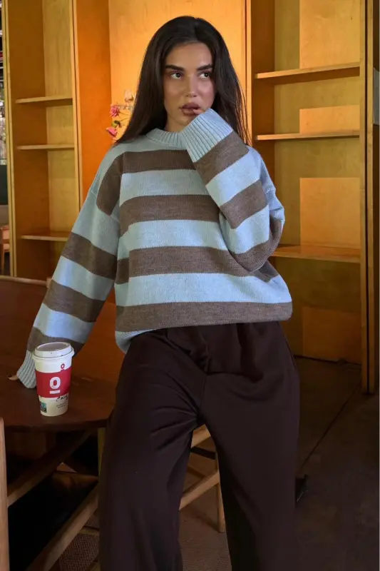 Camel Bisiklet Yaka Çizgili Oversize Triko Kazak MG1972-Camel - 4