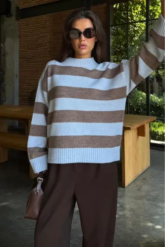 Camel Bisiklet Yaka Çizgili Oversize Triko Kazak MG1972-Camel - 5