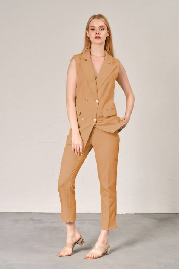 Camel Blazer Vest Pipe Leg Pants Satin Fabric Suit Dress - 1