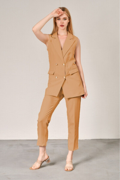 Camel Blazer Vest Pipe Leg Pants Satin Fabric Suit Dress - 2