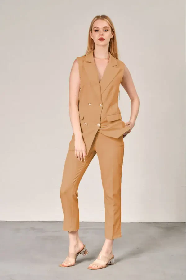 Camel Blazer Vest Pipe Leg Pants Satin Fabric Suit Dress - 1