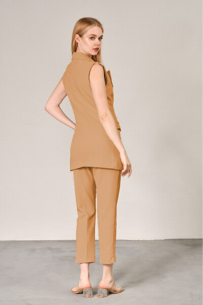 Camel Blazer Yelek Boru Paça Pantolon Atlas Kumaş Takım Elbise-Camel - 4
