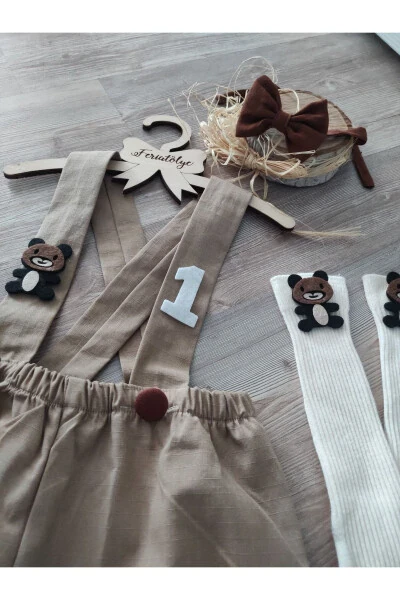Camel Color Dungaree Teddy Bear Concept Baby Boy Cake Smash Costume Birthday Outfit - 1