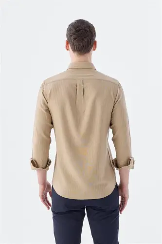 Camel Comfort Fit Düğmeli Yaka Esnek Kumaş Pamuklu Gömlek 