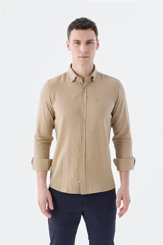 Camel Comfort Fit Düğmeli Yaka Esnek Kumaş Pamuklu Gömlek - 1