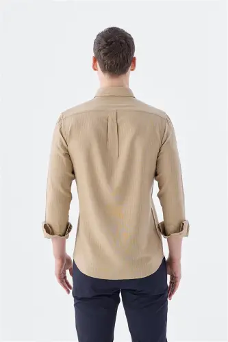 Camel Comfort Fit Düğmeli Yaka Esnek Kumaş Pamuklu Gömlek - 4