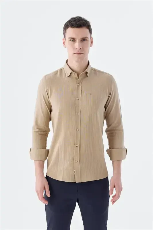 Camel Comfort Fit тугмали ёқаси, эластик матоли пахта кўйлак - 2