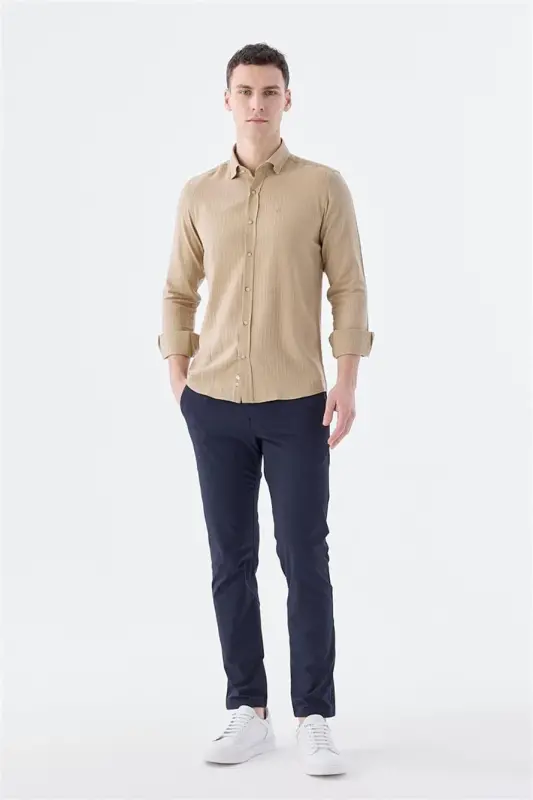 Camel Comfort Fit тугмали ёқаси, эластик матоли пахта кўйлак - 3