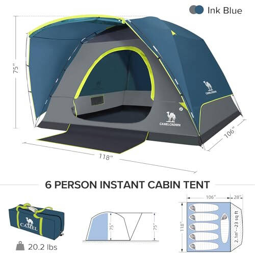 CAMEL CROWN Lagerga Tents, 3/4/5/6 Kishilik Su O'tkazmaydigan Chodir Skydome Lagerga Chodiri Oson O'rnatiladigan Orqa Yuk Orqali Oilavi Chodirlar Zamin Gilamlari va Biriktirilgan Ayvon bilan Tashqi Yurish Uchun - 3