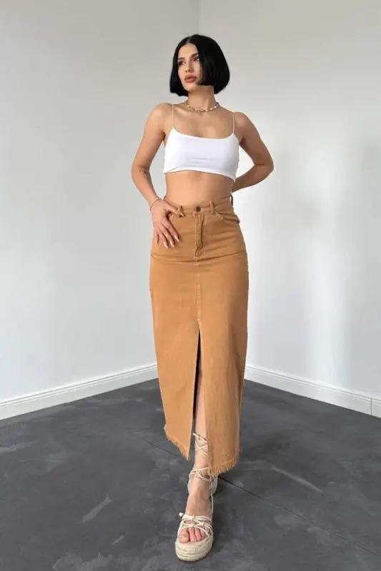 Camel Gabardin Bo‘yalgan Püskülli Yubka - BÜYÜKBEDENIZ
