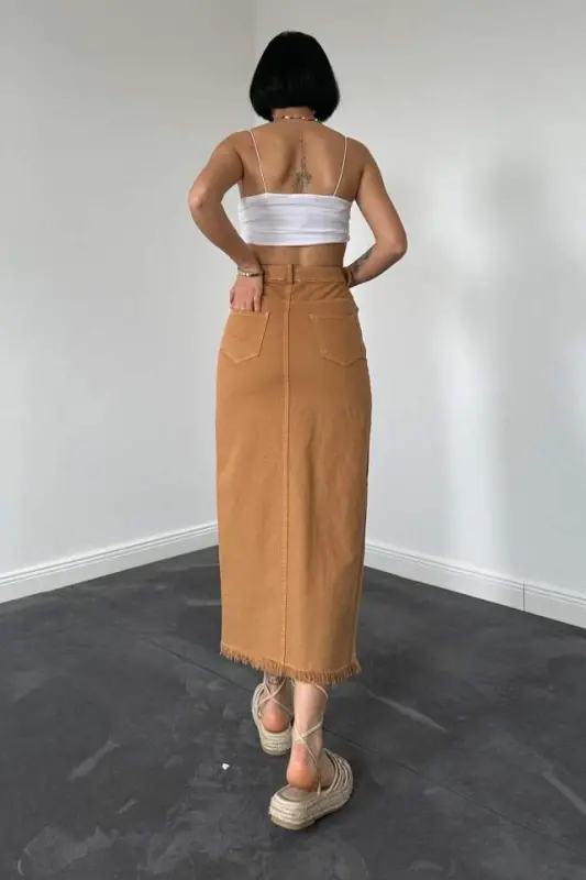 Camel Gabardin Bo‘yalgan Püskülli Yubka - 2