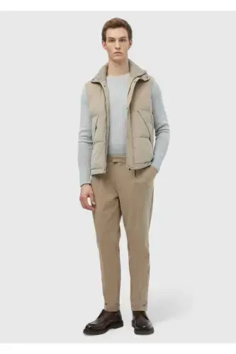 Camel Hair Plain Weave Carrot Fit Casual Cotton Blend Trousers - 1