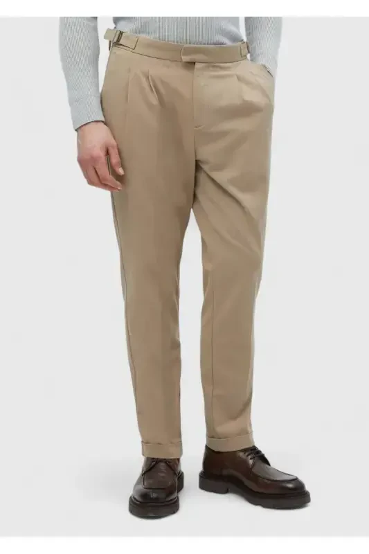 Camel Hair Plain Weave Carrot Fit Casual Cotton Blend Trousers - 2