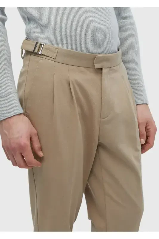 Camel Hair Plain Weave Carrot Fit Casual Cotton Blend Trousers - 3