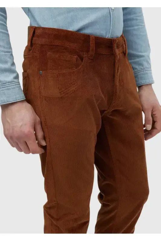 Camel Hair Ribbed Knit Slim Fit Velvet Casual Cotton Blend Trousers - 3