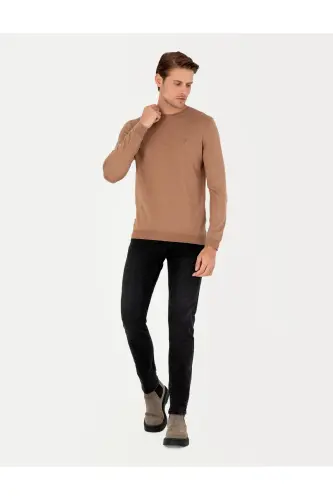 Camel Melanj Slim Fit Bisiklet Yaka Basic Triko Kazak 50296621-VR122-Camel Melanj - 4