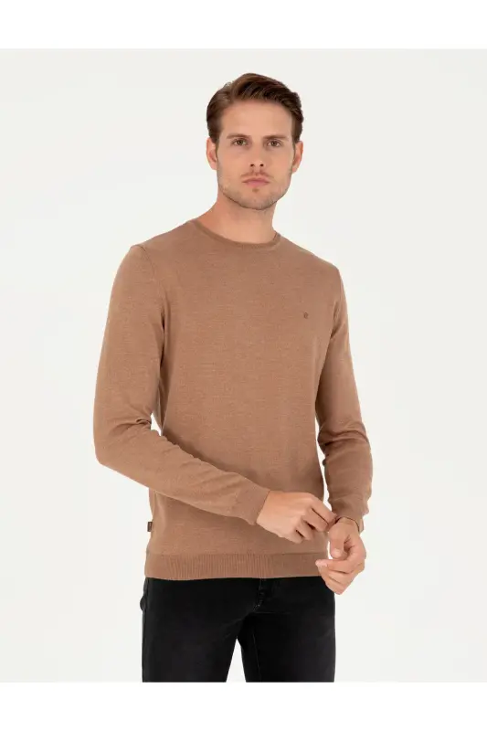 Camel Melanj Slim Fit Bisiklet Yaka Basic Triko Kazak 50296621-VR122-Camel Melanj - PIERRE CARDIN