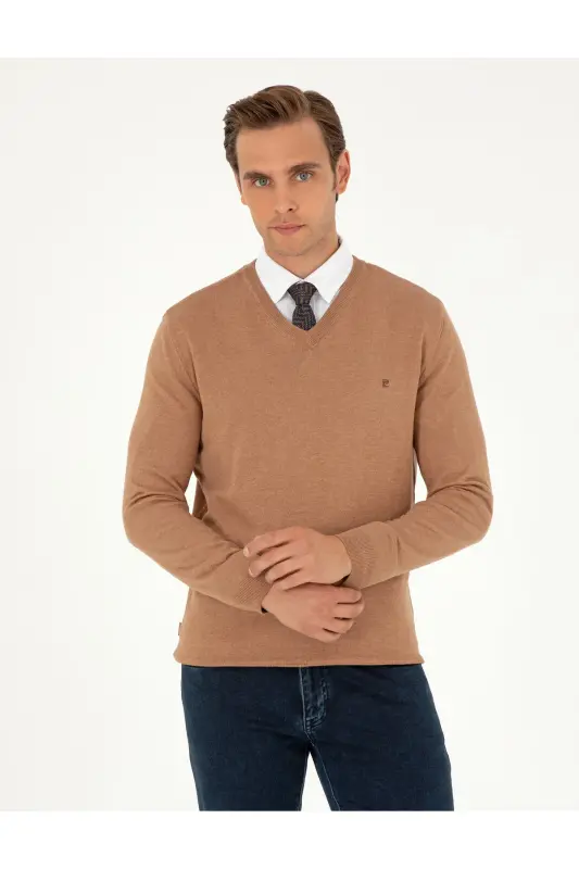 Camel Melanj Slim Fit V Yaka Basic Triko Kazak 50296622-VR122-Camel Melanj - PIERRE CARDIN