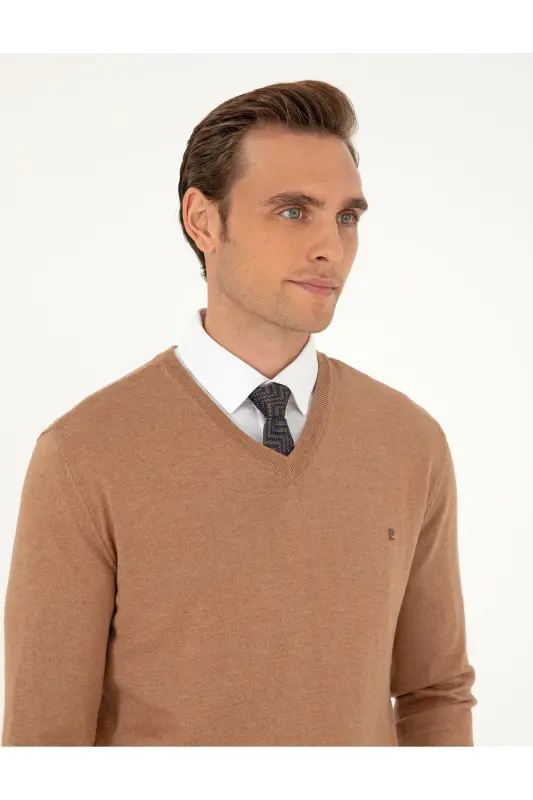 Camel Melanj Slim Fit V Yaka Basic Triko Kazak 50296622-VR122-Camel Melanj - 2