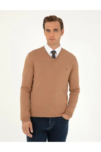 Camel Melanj Slim Fit V Yaka Basic Triko Kazak 50296622-VR122-Camel Melanj - 3