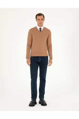 Camel Melanj Slim Fit V Yaka Basic Triko Kazak 50296622-VR122-Camel Melanj - 4