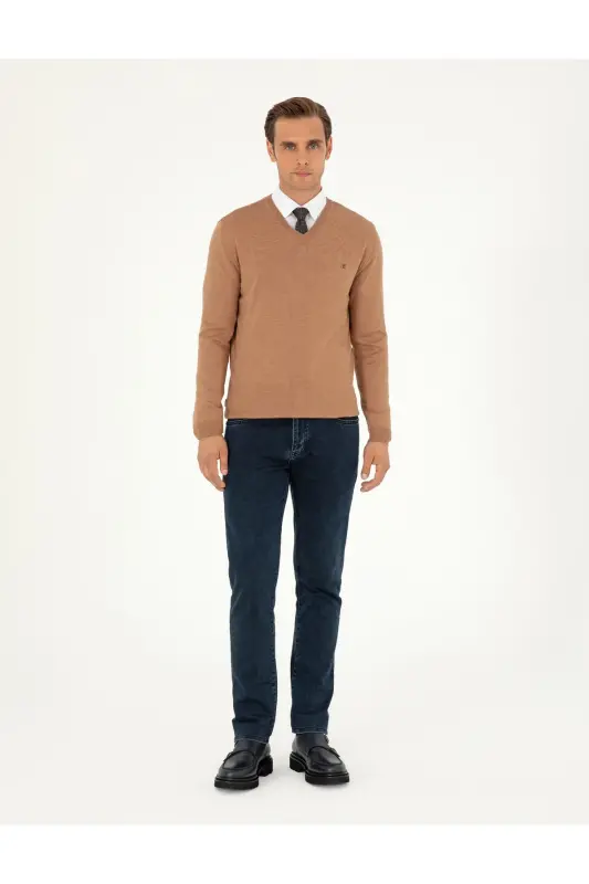 Camel Melanj Slim Fit V Yaka Basic Triko Kazak 50296622-VR122-Camel Melanj - 4