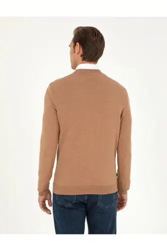 Camel Melanj Slim Fit V Yaka Basic Triko Kazak 50296622-VR122-Camel Melanj - 5