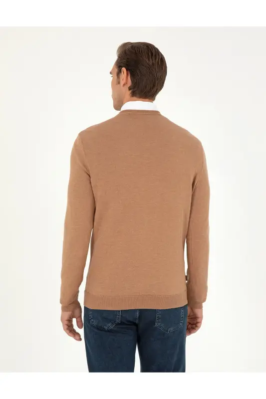 Camel Melanj Slim Fit V Yaka Basic Triko Kazak 50296622-VR122-Camel Melanj - 5