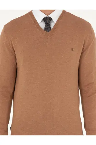 Camel Melanj Slim Fit V Yaka Basic Triko Kazak 50296622-VR122-Camel Melanj - 6