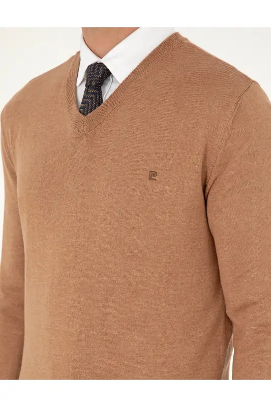 Camel Melanj Slim Fit V Yaka Basic Triko Kazak 50296622-VR122-Camel Melanj - 7